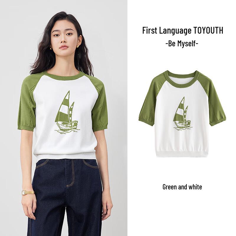 Chuyu Women's Sailboat Jacquard Short-Sleeve Knit Top