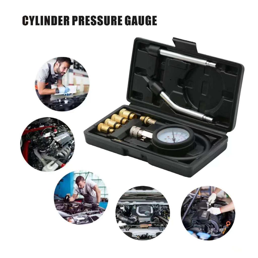 8PCS Compression Tester Kit 0-300 PSI Petrol Gas Engine Cylinder Pressure Gauge Automotive Tool For Motorcycle Car Truck (Black)