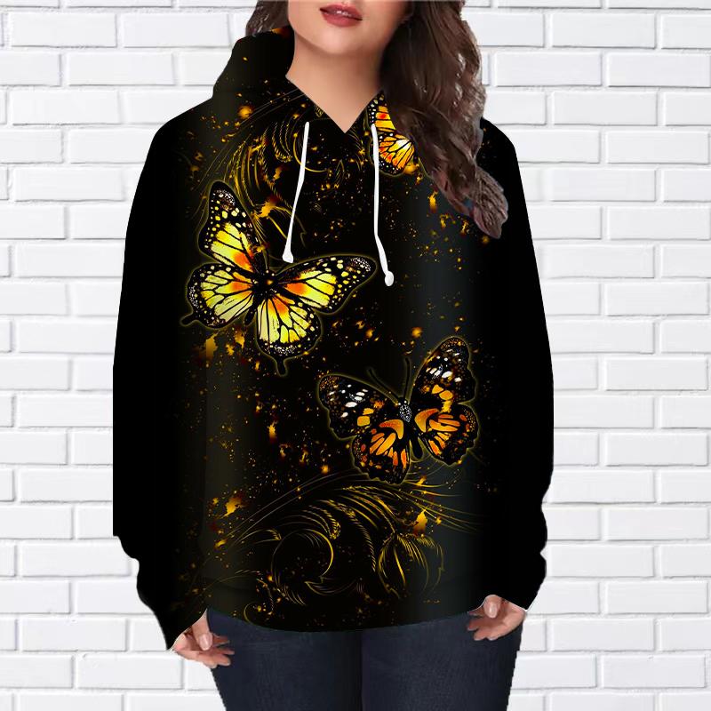 Женская мода Зеленый принт бабочки свободные толстовки с капюшоном блузка свитшот повседневный длинный рукав пуловер топы XS жёлтый 1489₽