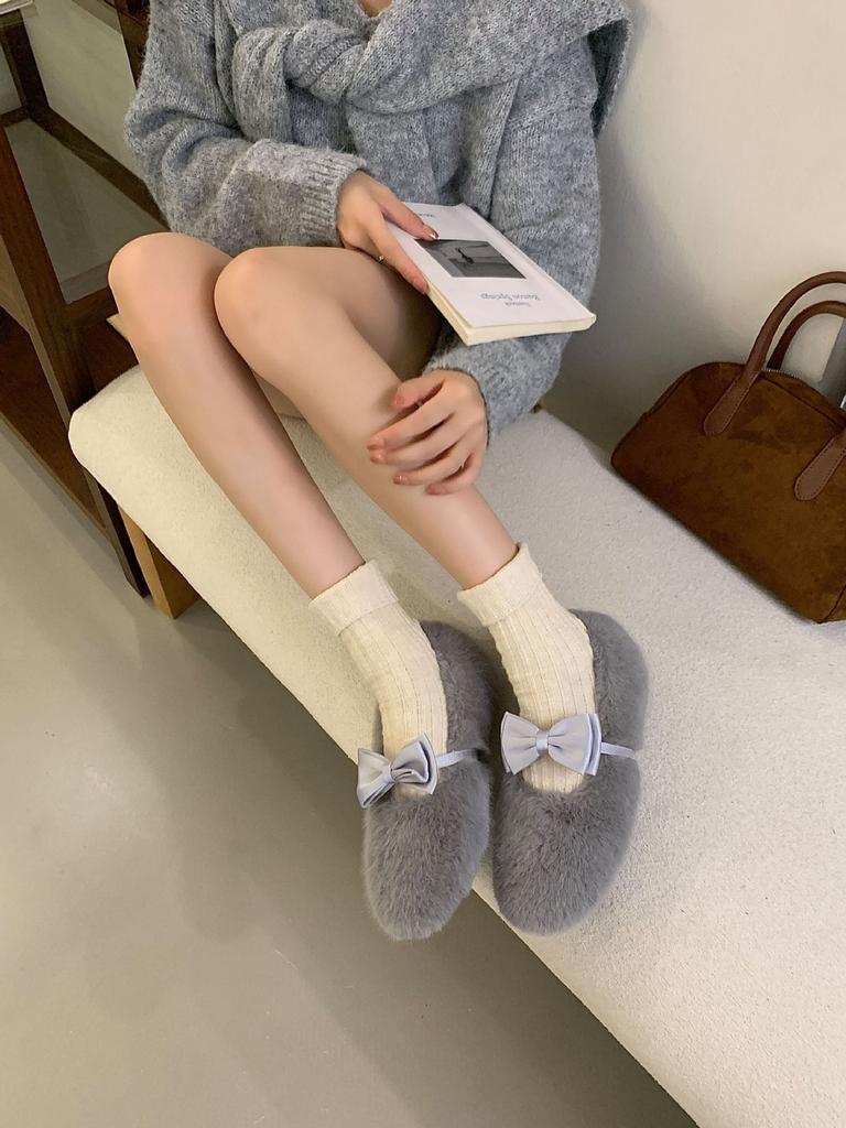 2025 Autumn and Winter New Round Head Fluffy Bow with Inner Slope Heel Velvet Versatile Mary Jane Women's Single Shoes
