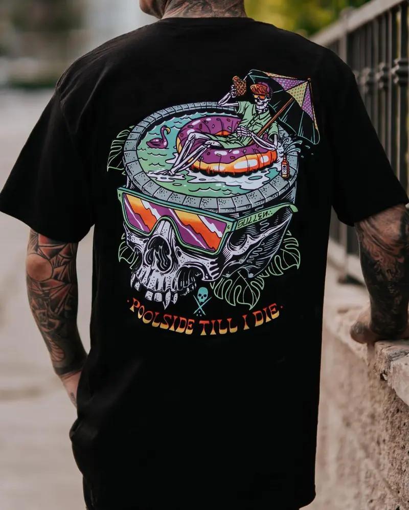 Skull Enjoying the Vacation Black Print T-shirt Designer 100% Cotton S разноцветный