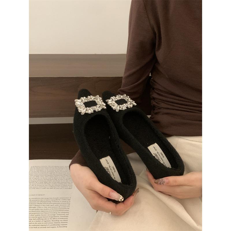 2025 Autumn and Winter New Rhinestone Square Buckle Flat-soled Single Shoes Celebrity Temperament Fashionable Shallow Mouth Velvet Warm Cotton Sh