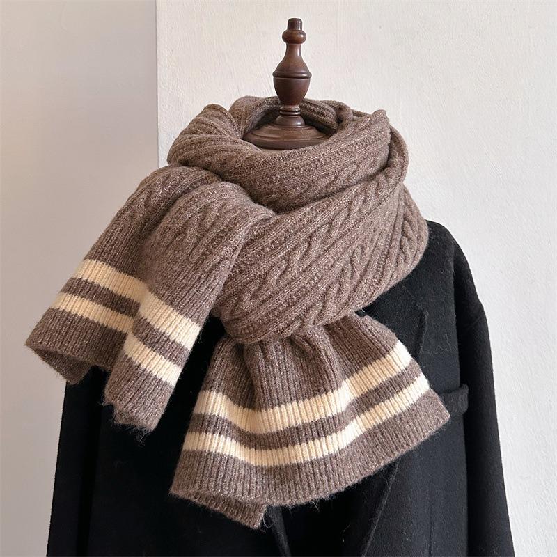 Striped two-color wool knitted scarf women's winter versatile trend cute girl student warm scarf