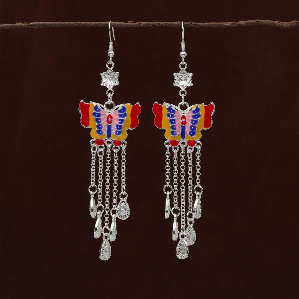 Bohemian Long Fringed Water Drop Earrings Retro Ethnic Style Earrings Women'S Colorful Butterfly Necklace Women'S