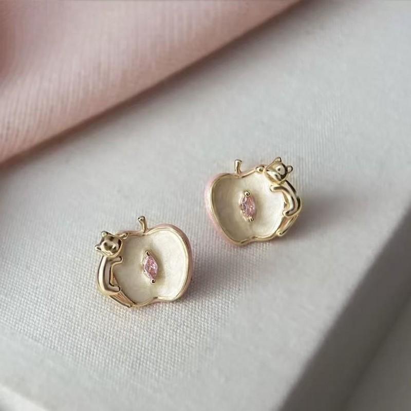 Korean Style Cat Fruit Pit Stud Earrings Women Cute Minimalist Fashion Jewelry Post Copper Plated