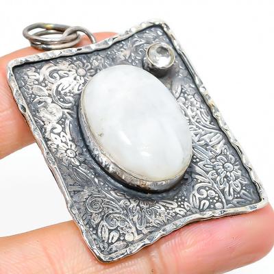Natural Rainbow Moonstone, Topaz Gemstone 925 Sterling Silver Pendant 2.25" P0r66
