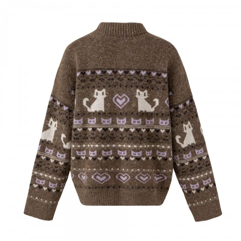 Unisex Retro Dzianinowy Kardigan Fair Isle z Kołnierzem Oversize Luźny Sweter z Mieszanki Wełny