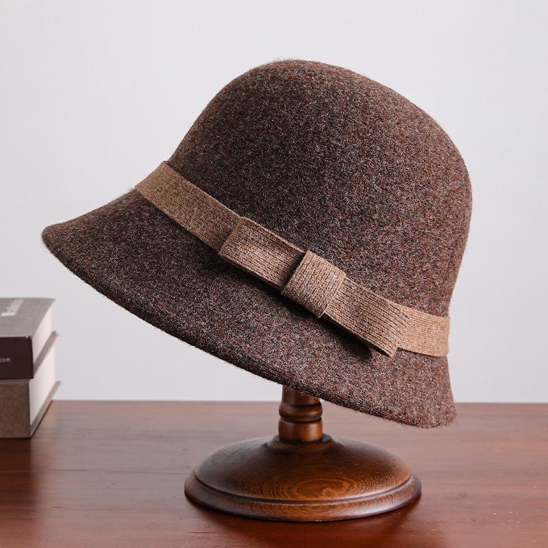 Vintage and Elegant 100% Wool Bow Top Hat for Women's Autumn and Winter New High-quality Warm Fisherman Hat Basin Hat