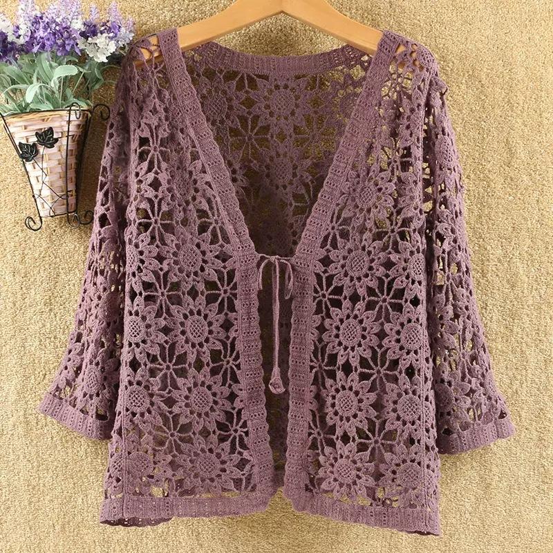 Jully Sexy Holle Kant Zonnebrandcr&egrave;me Vest Trui Vrouwen Brede Losse Airconditioning Gebreide Trui Dunne Gedeelte Vrouwelijke Lente Herfst One size