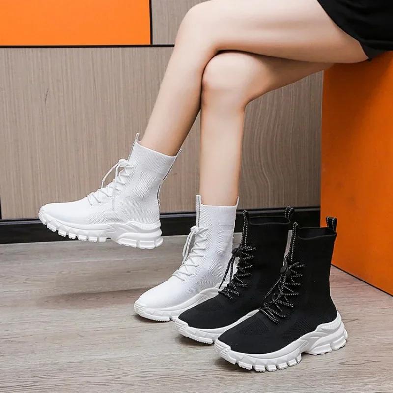 Fashion 2025 Autumn Winter New Couple Socks Shoes Women Thick-soled Casual Large Size Net Red Knitted Short Boots Women Botas De Mujer