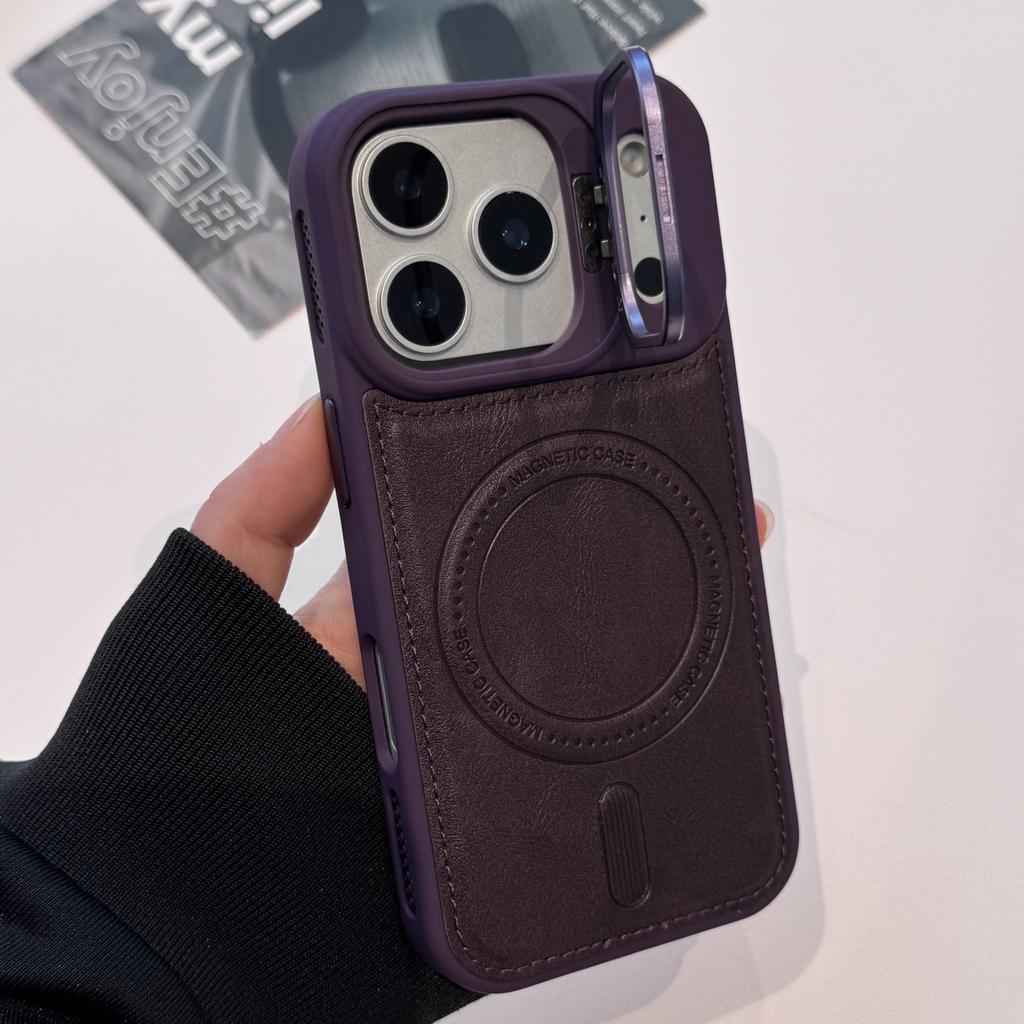 Business Luxury Magnetic Leather Phone Case for iPhone 17 Pro Max 16 Plus 15 14 13 for Magsafe Lens Bracket Protection Cover