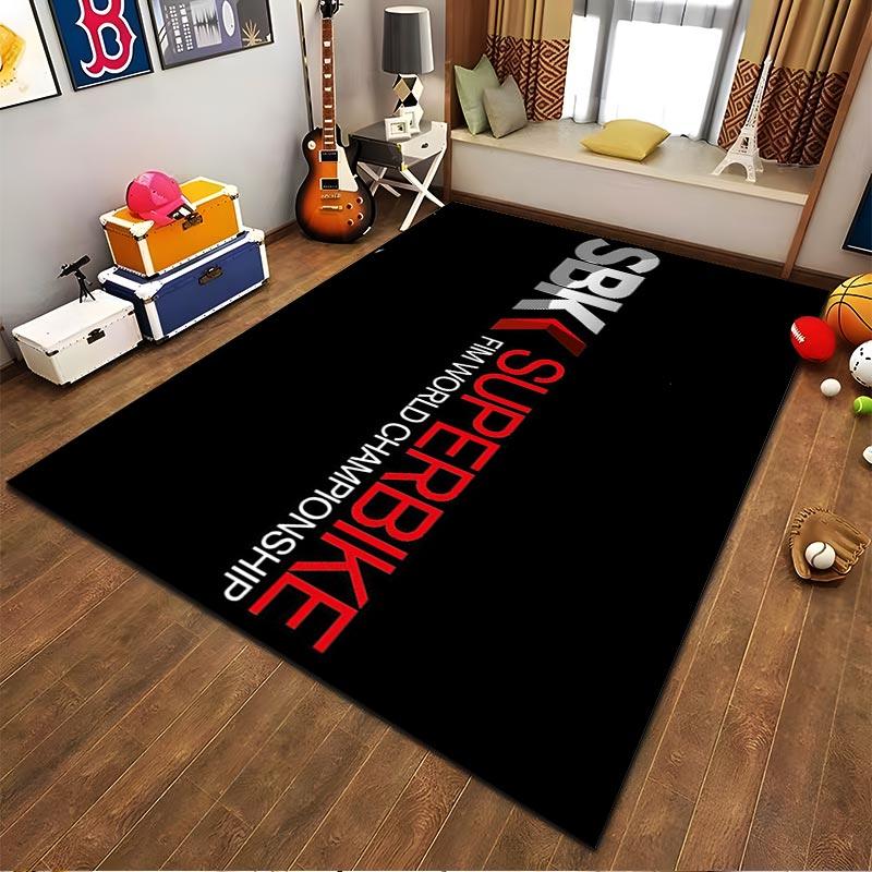 """Schwarzes Teppichdesign mit Text der SBK Superbike Racing Championship" Geeignet für den Einsatz als Antirutsch für Wohnzimmer-, Schlafzimmer-Sofas"""