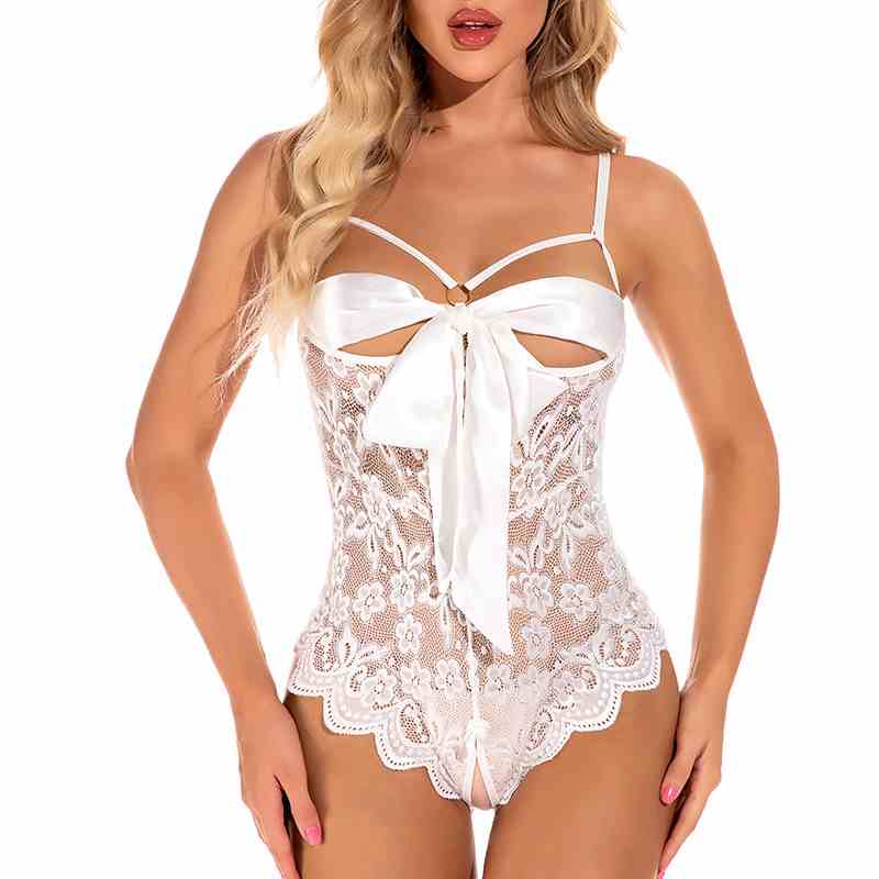 Damen Spitzenunterwäsche Babydoll mit Knoten vorne, offenem Schritt, einteiliger Body aus bestickter Blumenspitze, sexy Babydoll