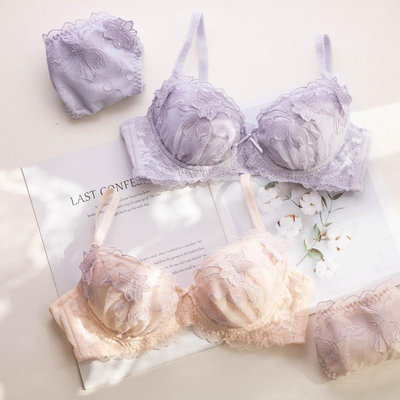 Set Reggiseno con Ricamo in Pizzo Stile Dolce Giapponese Coppa Sottile Confortevole Raccoglitore Push Up Biancheria Intima per Ragazze