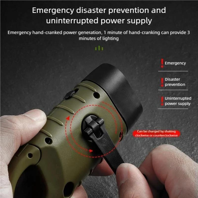 Portable Solar Hand Crank Dynamo LED Flashlight, Multifunction Outdoor Torch Lantern for Riding Camping Hiking Emergency Long‑Range Lighting Backup