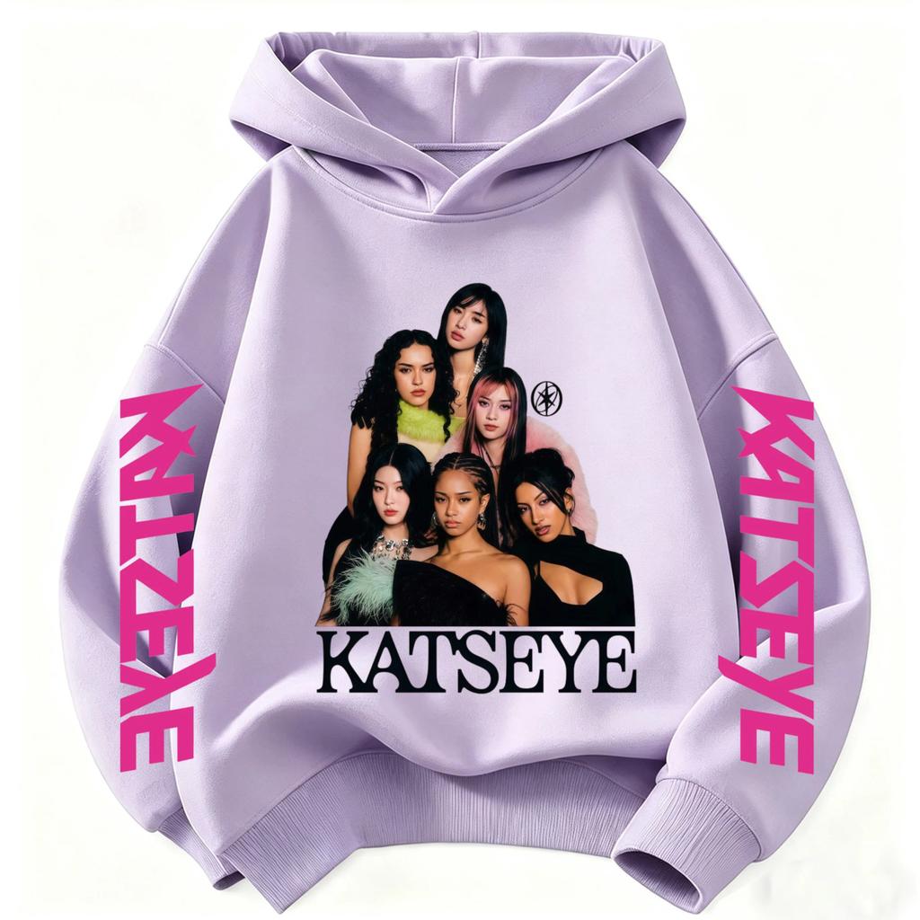 2026 Graphic Print Kids Long Sleeve Sweatshirt NEW Girls Hoodie Katseye Kpop Group Pocket Loose Casual Children Light Blue Top