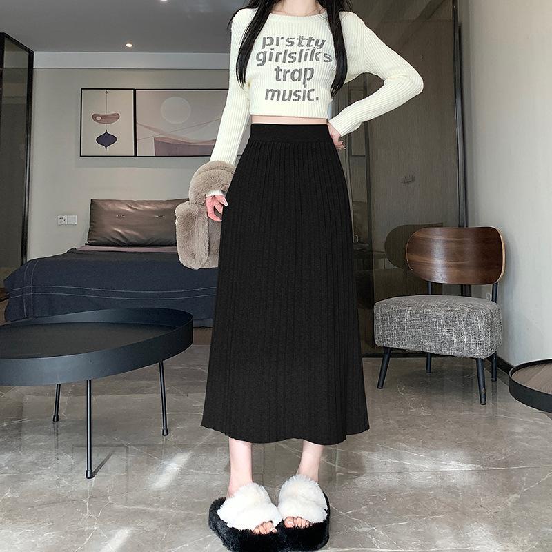 Knitted Pleated Skirt for Women Mid Length High Waisted and Slimming A-line Skirt