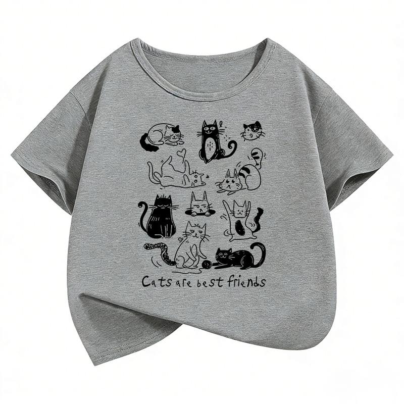 Cat Are Best Friends Design Printed T Shirts Short Sleeve Kids Childrens Tshirt Boys Girls Summer Spring Casual Top Tee Shirt