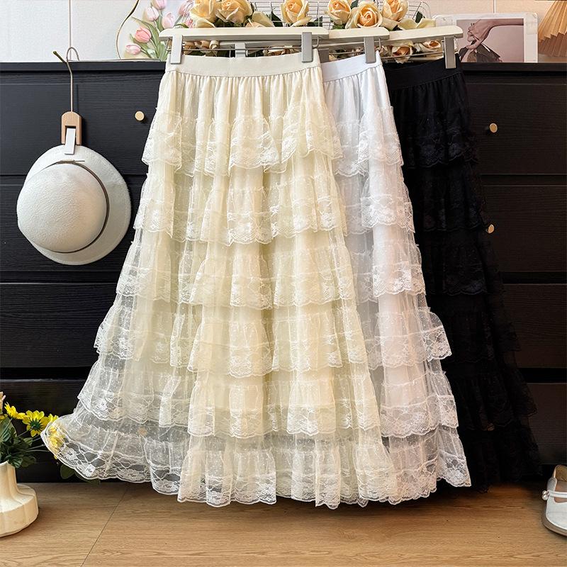 Женская осенняя юбка А-силуэта, французская, с рюшами, кружевная, плиссированная, 2025 One Size белый