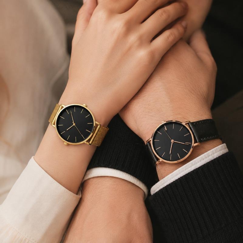 2Pcs Minimalist Lovers Watch Set Slim Round Dial Mesh & Leather Strap Quartz Wrist Watch Elegant Daily Business Couple Watch
