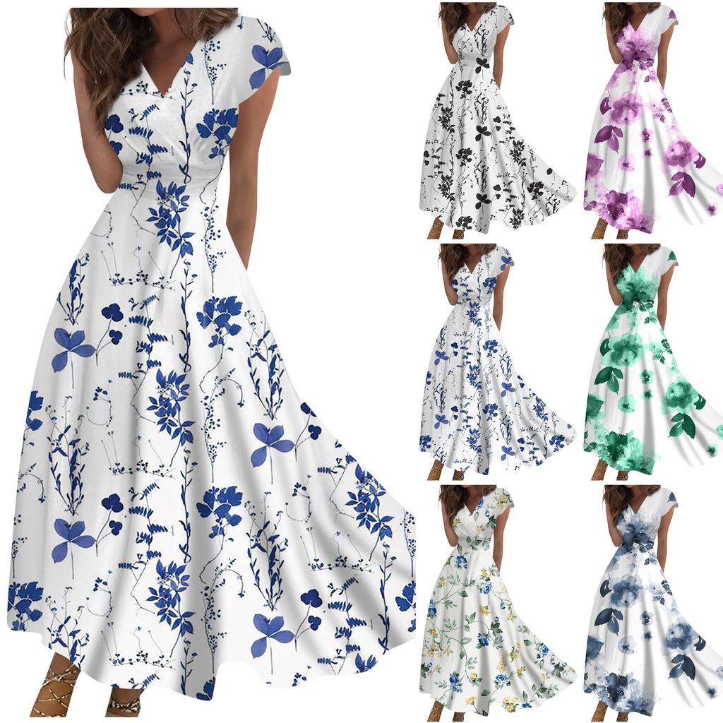 Women's Long Dress Maxi Dress Casual Dress Chiffon Dresses Swing Dress Color Casual Mature Outdoor Daily Date Ruffled Short Sleeve V-neck Dress