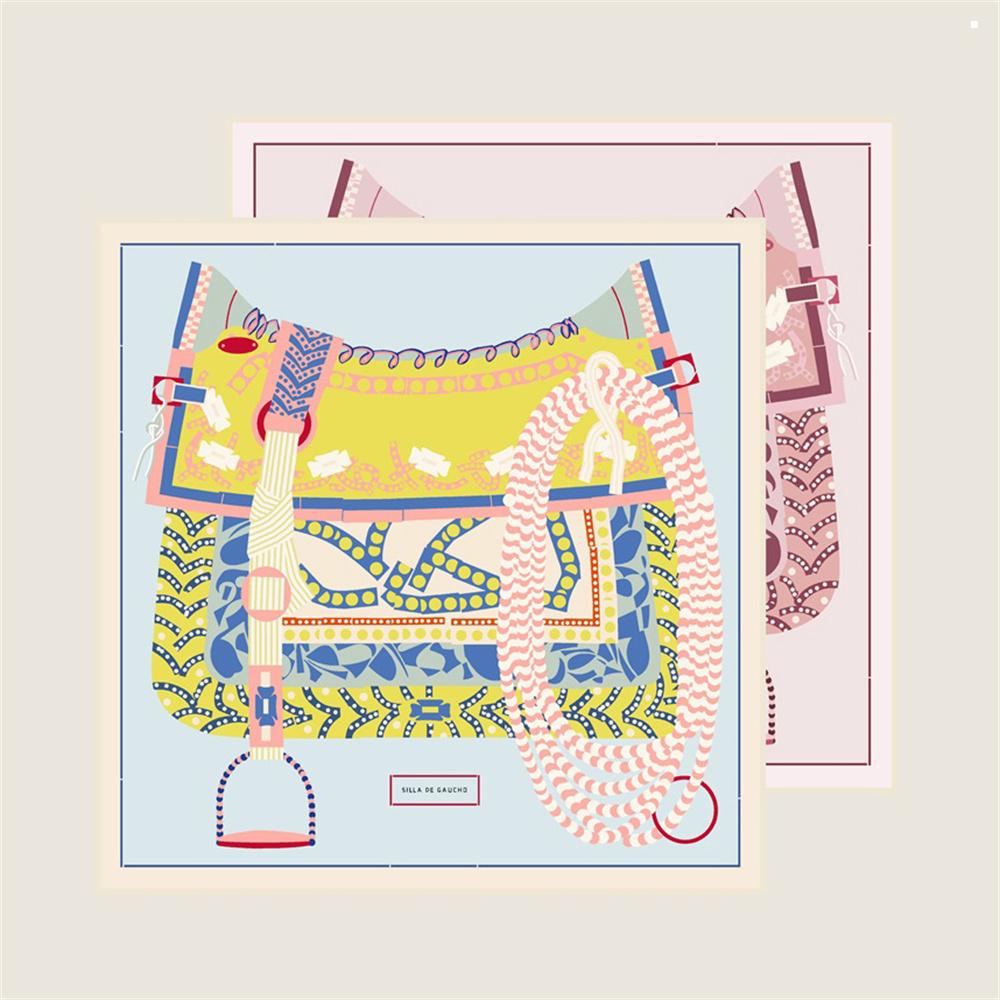 POBING Manual Hand Rolled Twill Silk Scarf Women Saddle Double Print Square Scarves Wraps Echarpes Foulards Femme Hijab 90CM