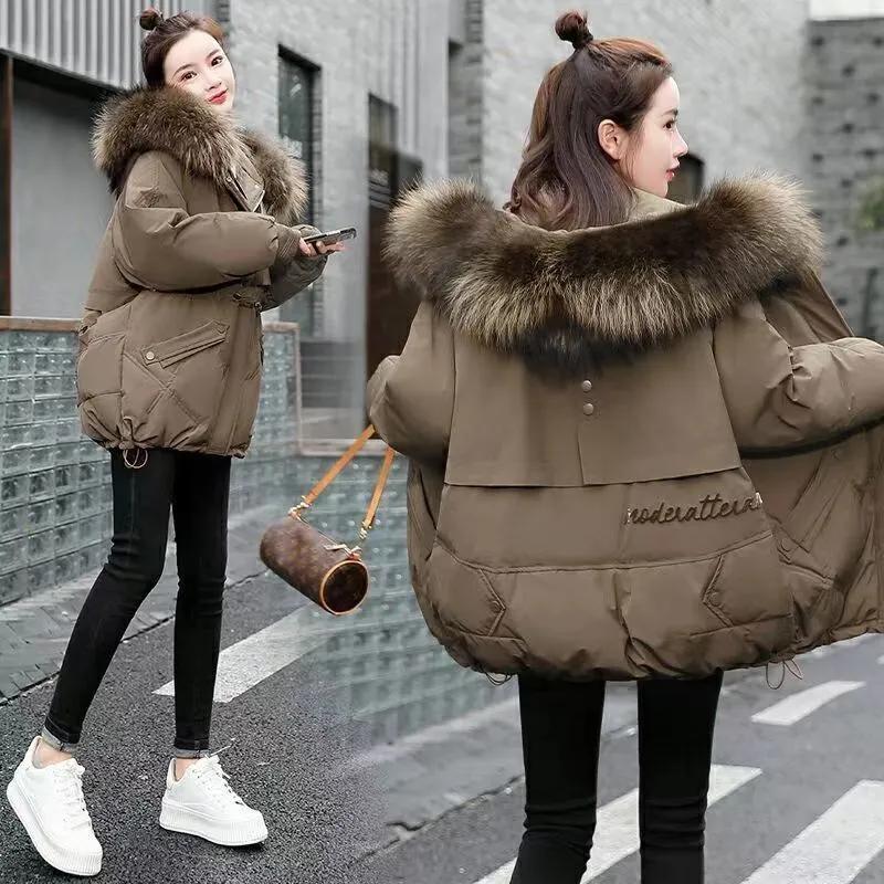 Women's Winter Loose Thick Korean Warm Workwear Jacket Big Fur Collar Hooded Coat