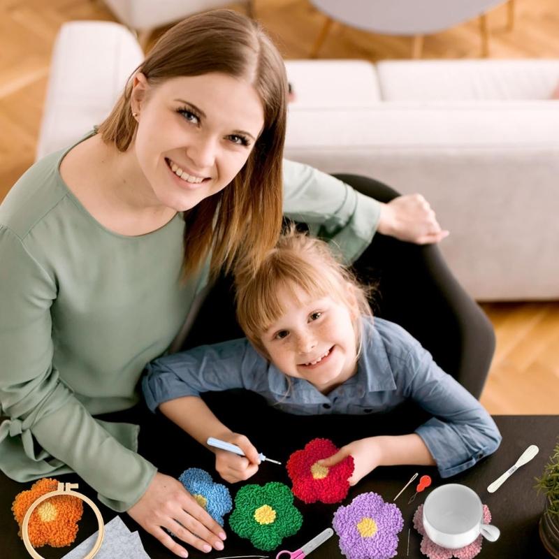 Punch Needle Embroidery Set With 6 Florals Coasters Pattern and Reusable Tool for Child Adults