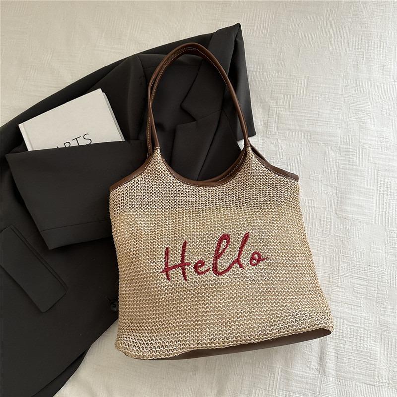 

Alphabet woven straw personalized large capacity hollow holiday wind beach shoulder tote bag хакі