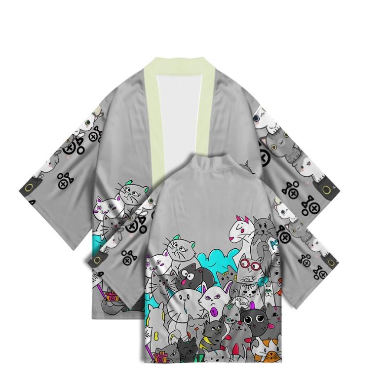 New Women's Cute Kitten Digital Print Summer Seven Sleeve Kimono Cardigan Japanese Kimono