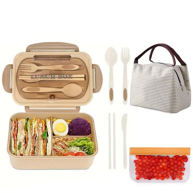 Fächer Kunststoff Bento Box Wiederverwendbar Pp Kunststoff Tiffin Kinder Lunchbox mit Besteck und Handtasche Bento Boxen für Kind Erwachsener