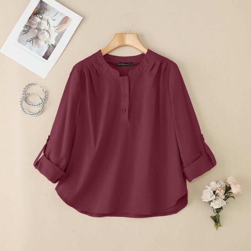 ZANZEA Blusa Casual da Donna Girocollo Regolabile Ampia Manica Lunga