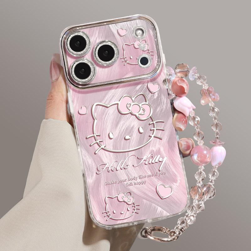 Pink cat mobile phone case is suitable for iPhone17pm spring new 16pro cute 15 flash feather yarn 14 sets