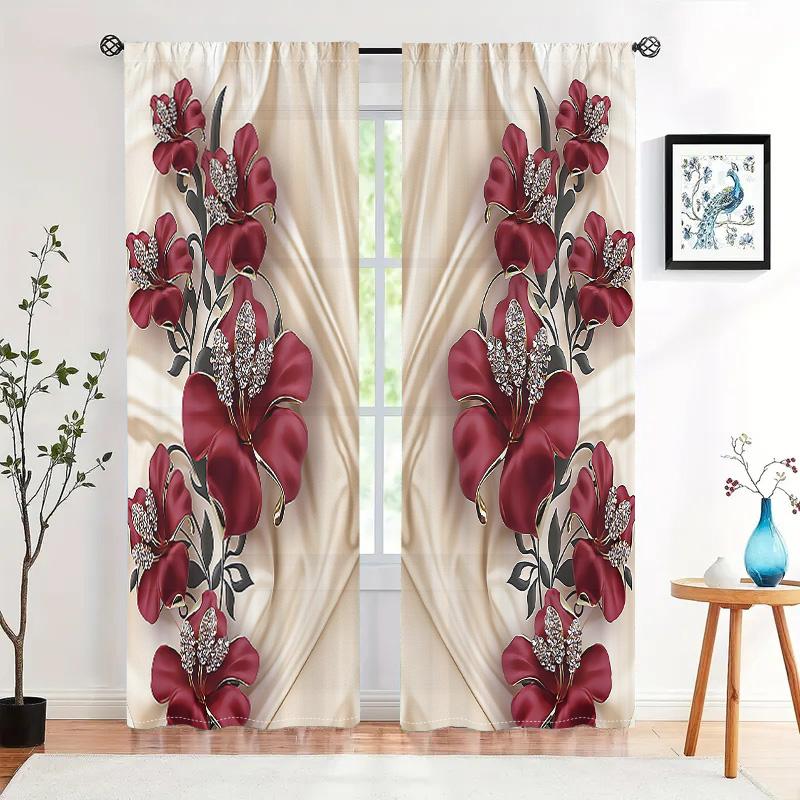 2 Pieces, Red Floral Silky Background Curtains -30% Blackout - Suitable for Living Room, Bedroom and Home Decoration