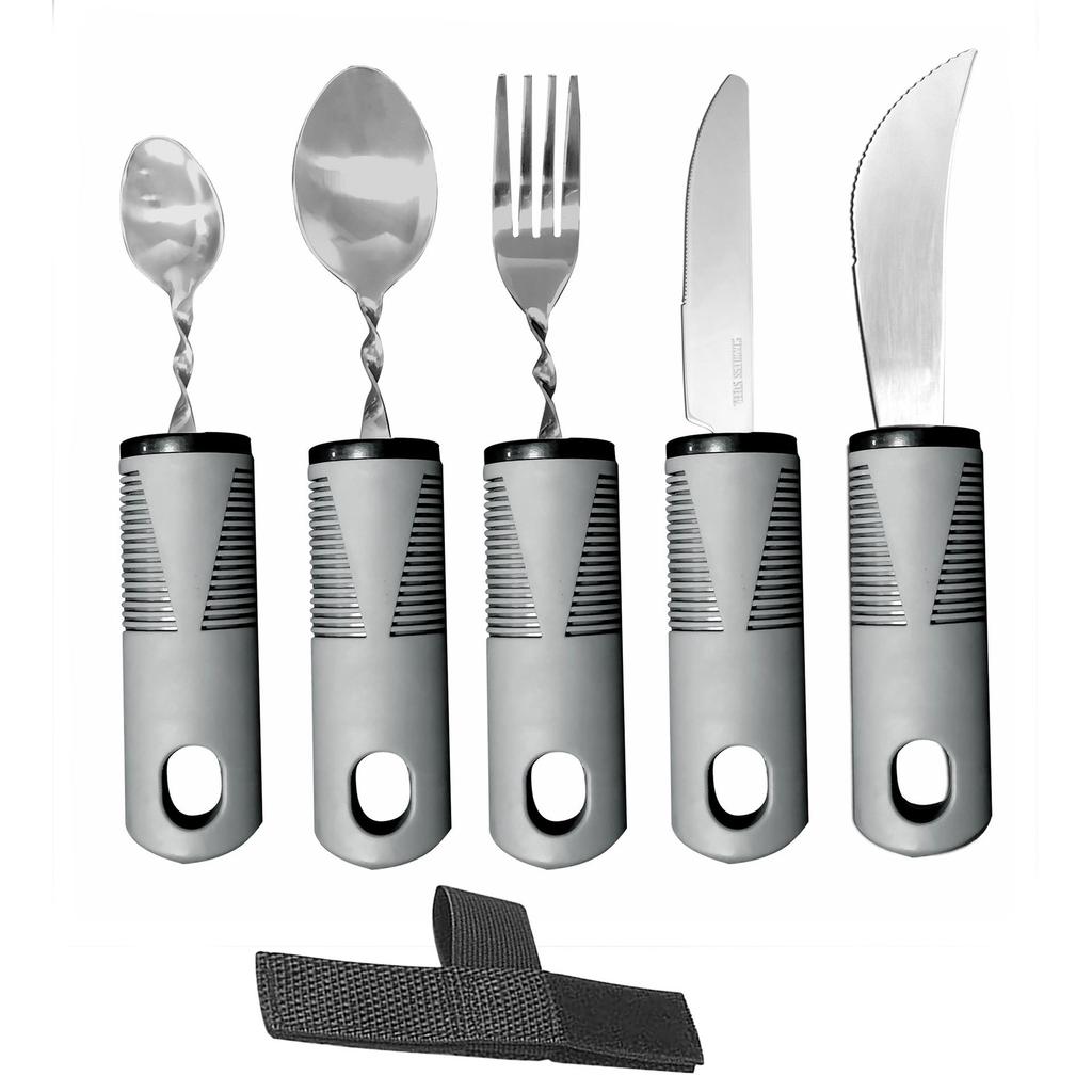 Stainless Steel Adaptive Foldable Utensil Set with Anti-Shake Rubber-Plastic Handle for Elderly Rehabilitation (Knife, Fork, Spoon)