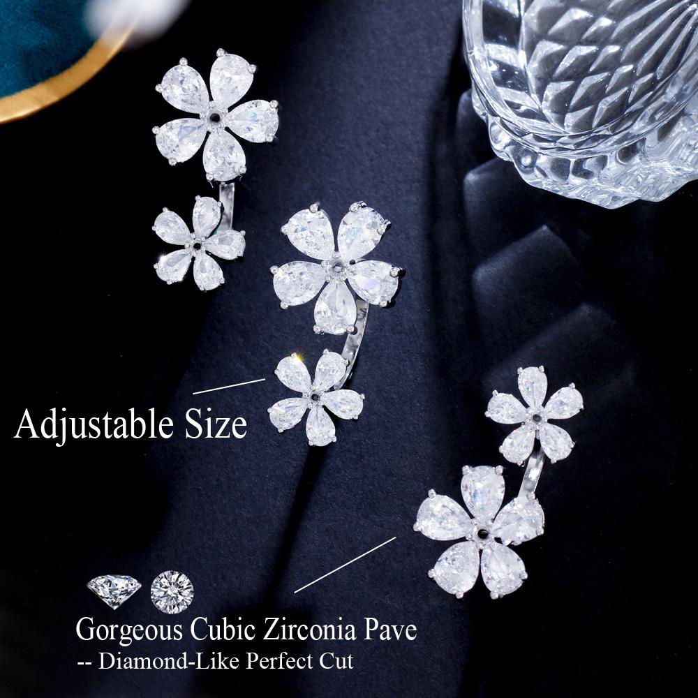CMM Jewelry Clear White Cubic Zirconia Lovely Open Cuff Adjustable Flower Rings for Women Wedding Bridal Jewellery Accessories