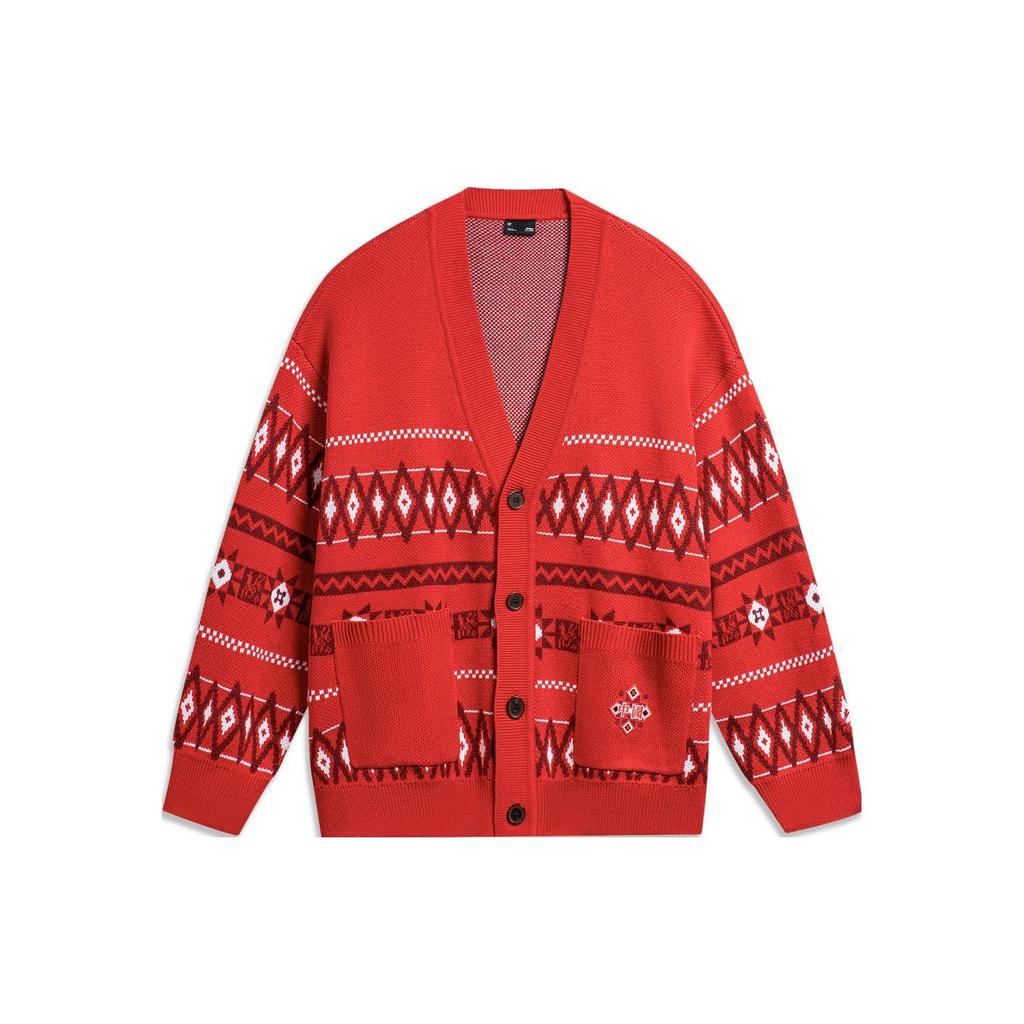 Li Ning Diamond Color Block V-Neck Button Long Sleeve Knit Sweater Men tops Crimson-Red AMBT249-3