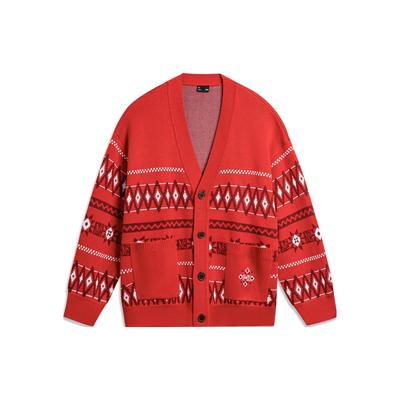 Li Ning Diamond Color Block V-Neck Button Long Sleeve Knit Sweater Men Tops Crimson-Red AMBT249-3