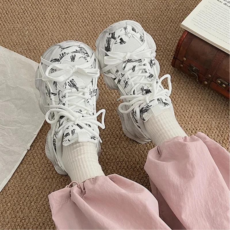 Fashion Men/women Sneakers Female Shoes Graffiti Thick Sole Height Increasing Couple's Trendy Casual Shoes Lace Up Anti Slip Sports Shoe