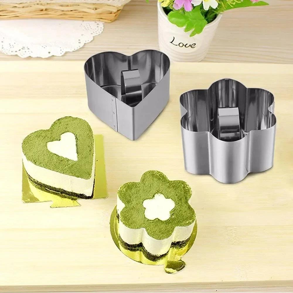 Stainless Steel Mousse Ring Cake Mold with Push Plate DIY Round Square Flower Heart Shape Cake Cupcake Mould Pastry Baking Tools