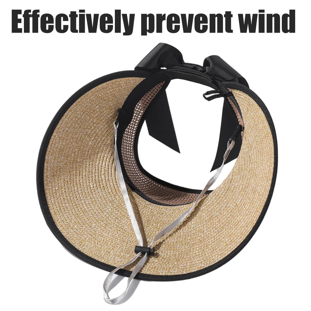 Foldable Straw Sun Visors for Women Sun Protection Wide Brim Bowknot Sun Hat Empty Top Breathable