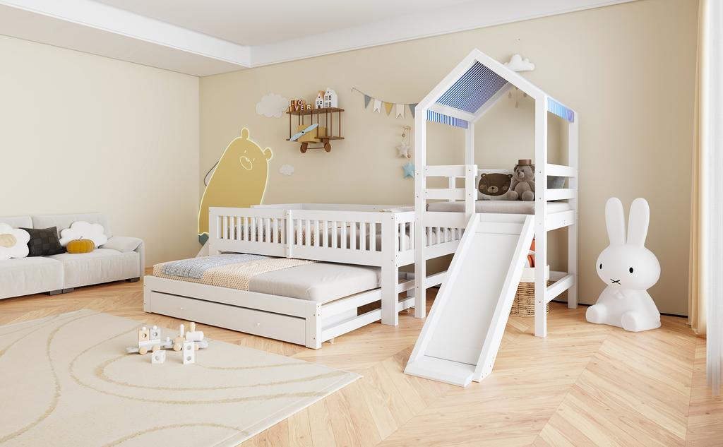 Kinderbett 90*200, mit Ausziehbett 90*190, Hausbett mit Rutsche, Seitliche Treppe, Schubladen, Massivholzrahmen und Stoffdach, Weiß