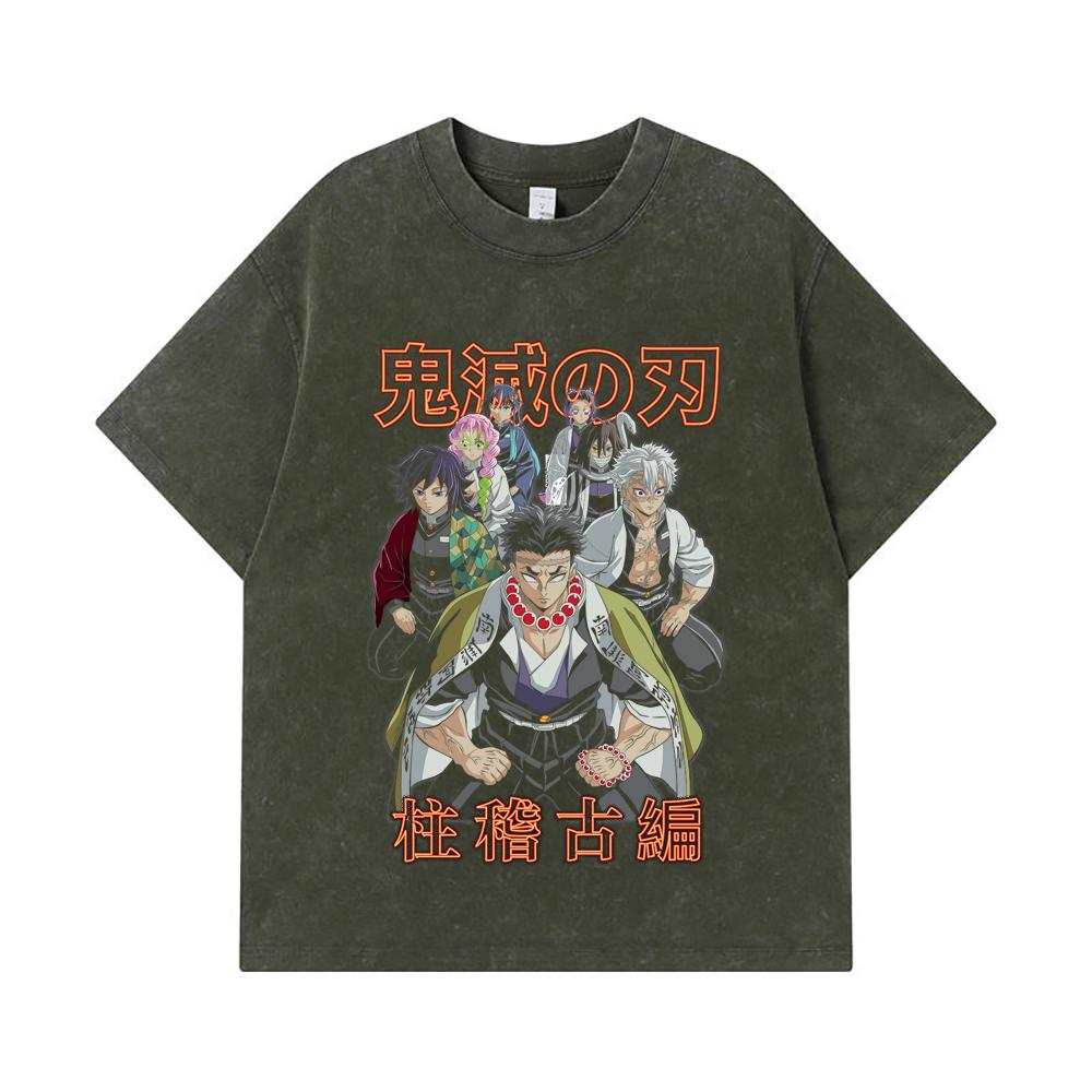 

275 GSM Washed T-shirts 100% Cotton Demon Slayer V22 Hashiras Print Unisex Heavy Cotton T Shirt S армия зеленый
