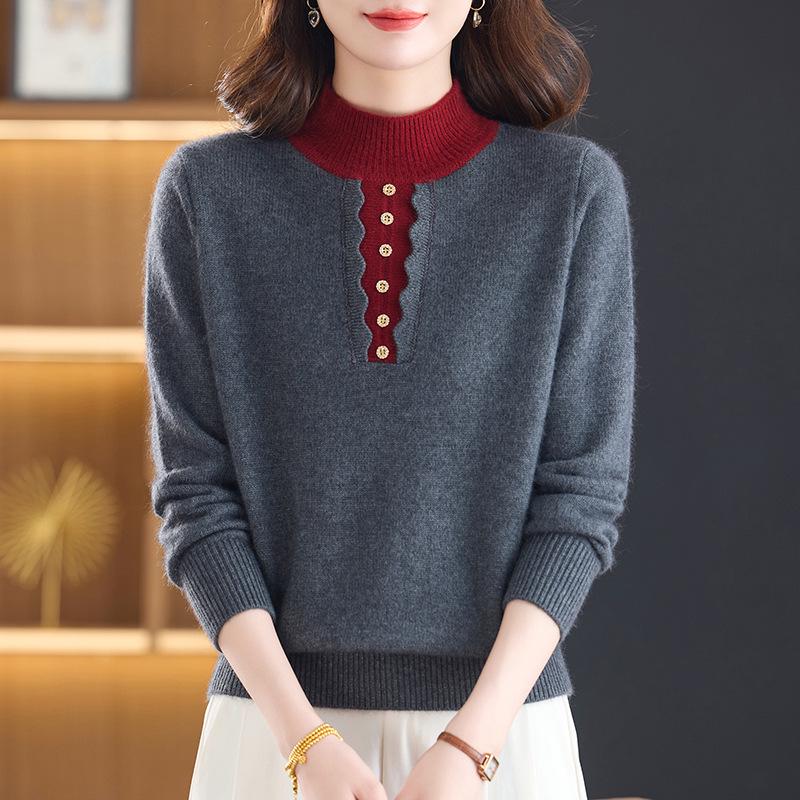 

Women s Color Block Plush Wool Sweater with Half-High Collar - Loose, Slimming, Thick Knit Top for Middle-Aged and Elderly Mothers 4XL (145-160 lbs) сірий колір
