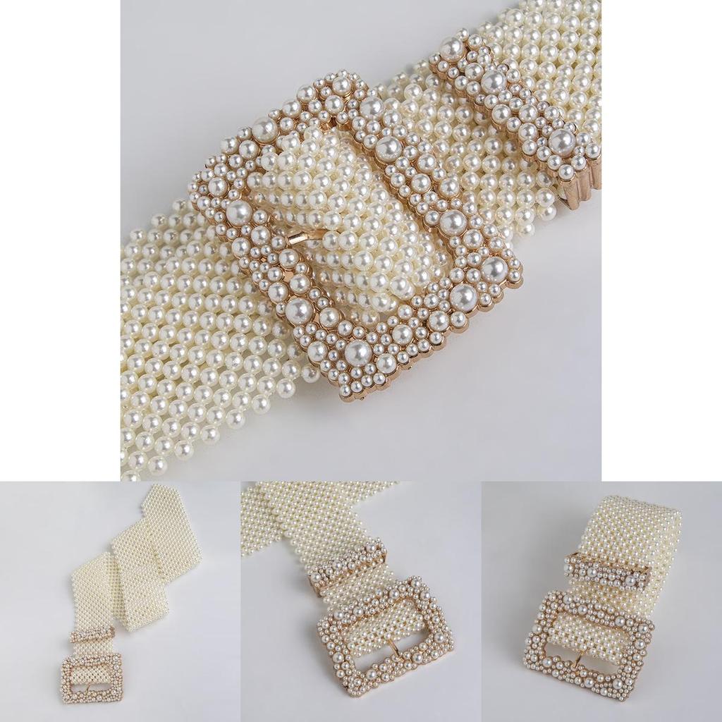 Artificial Pearl Waist Chain With Square Needle Buckle Design For Bridal And Formal Wear