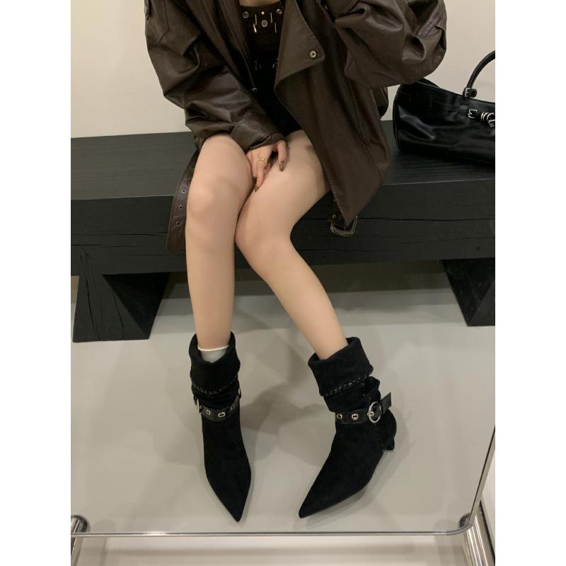 

2025 new retro slim versatile west heel pointed western boots women s suede short boots fashion stacking boots 36 чёрный