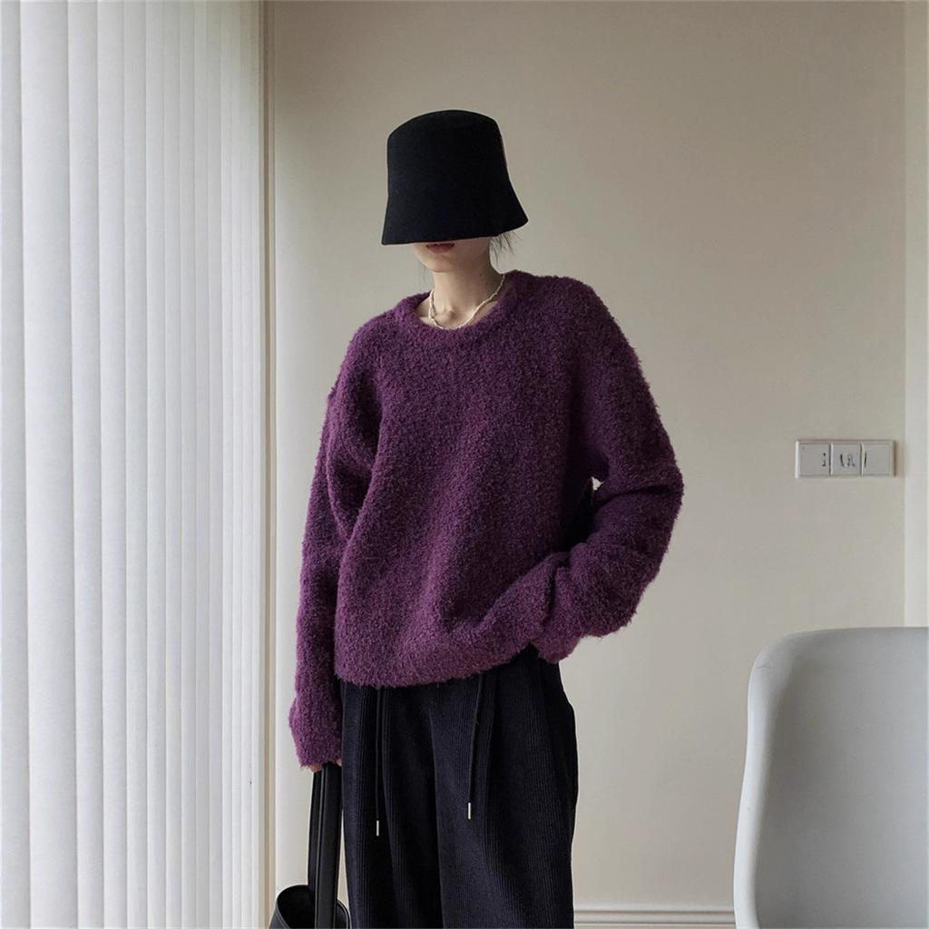 Circle Yarn Solid Color Crew Neck Pullover Sweater Women's Autumn and Winter New Loose Lazy Wind Knitted Sweater