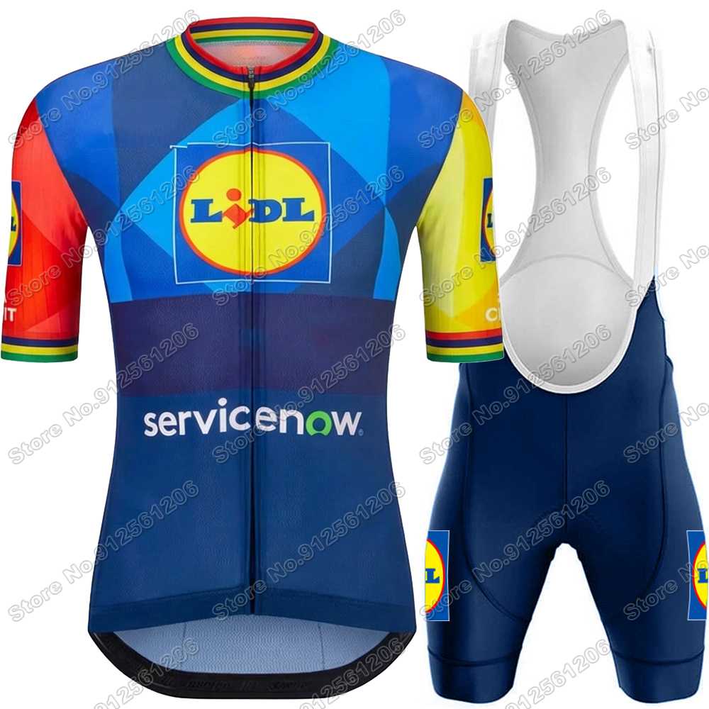 Tým Lidl Cyklistický dres Set Mistr světa Cyklistické oblečení Pánské Krátký rukáv Sestava Silniční kolo Dres Oblek Cyklistické kraťasy s laclem
