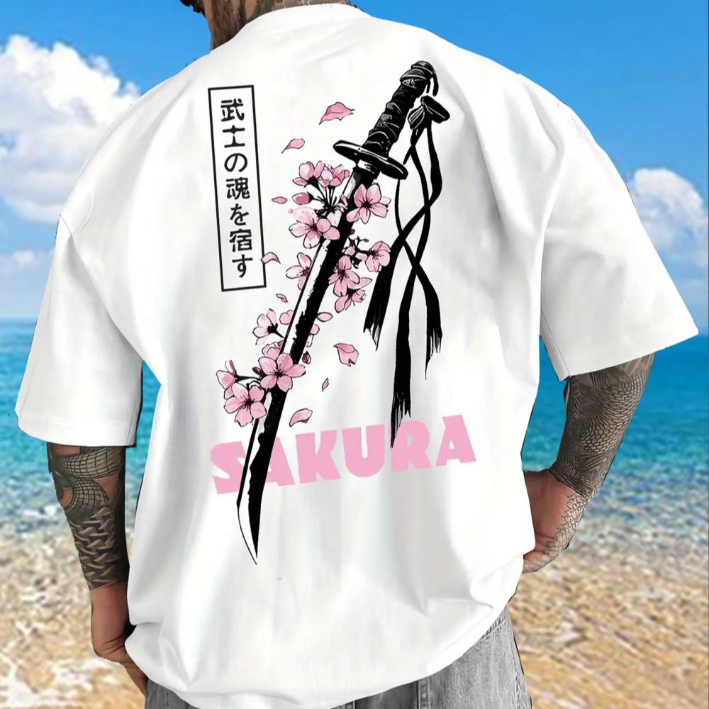 Japanese Samurai Sword Sakura Print Cotton Men Women T-shirt Summer Autumn Daily Outdoor Sports Casual Street Short-sleeve