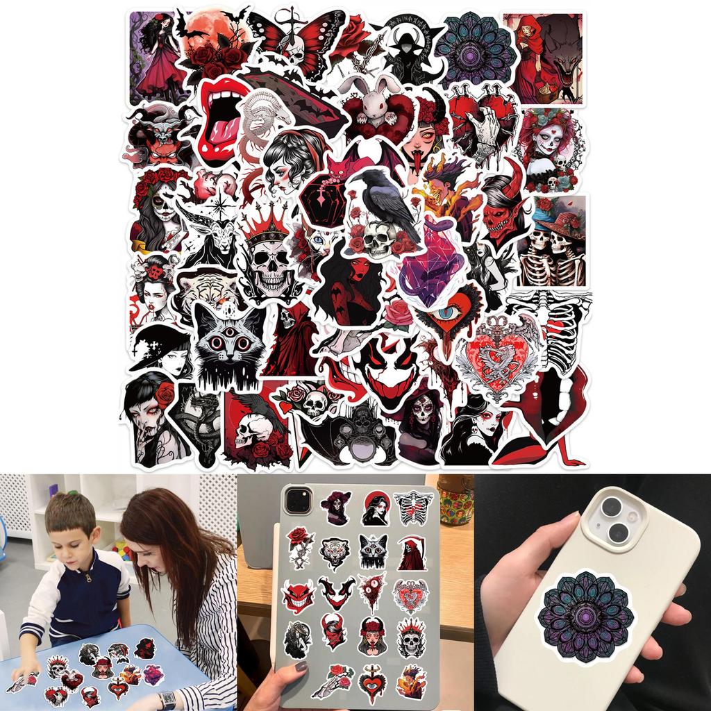 50 Adesivi Doodling Carini e Impermeabili con Teschio Horror e Ragazza per Decorazione di Chitarra, Quaderno e Bagagli